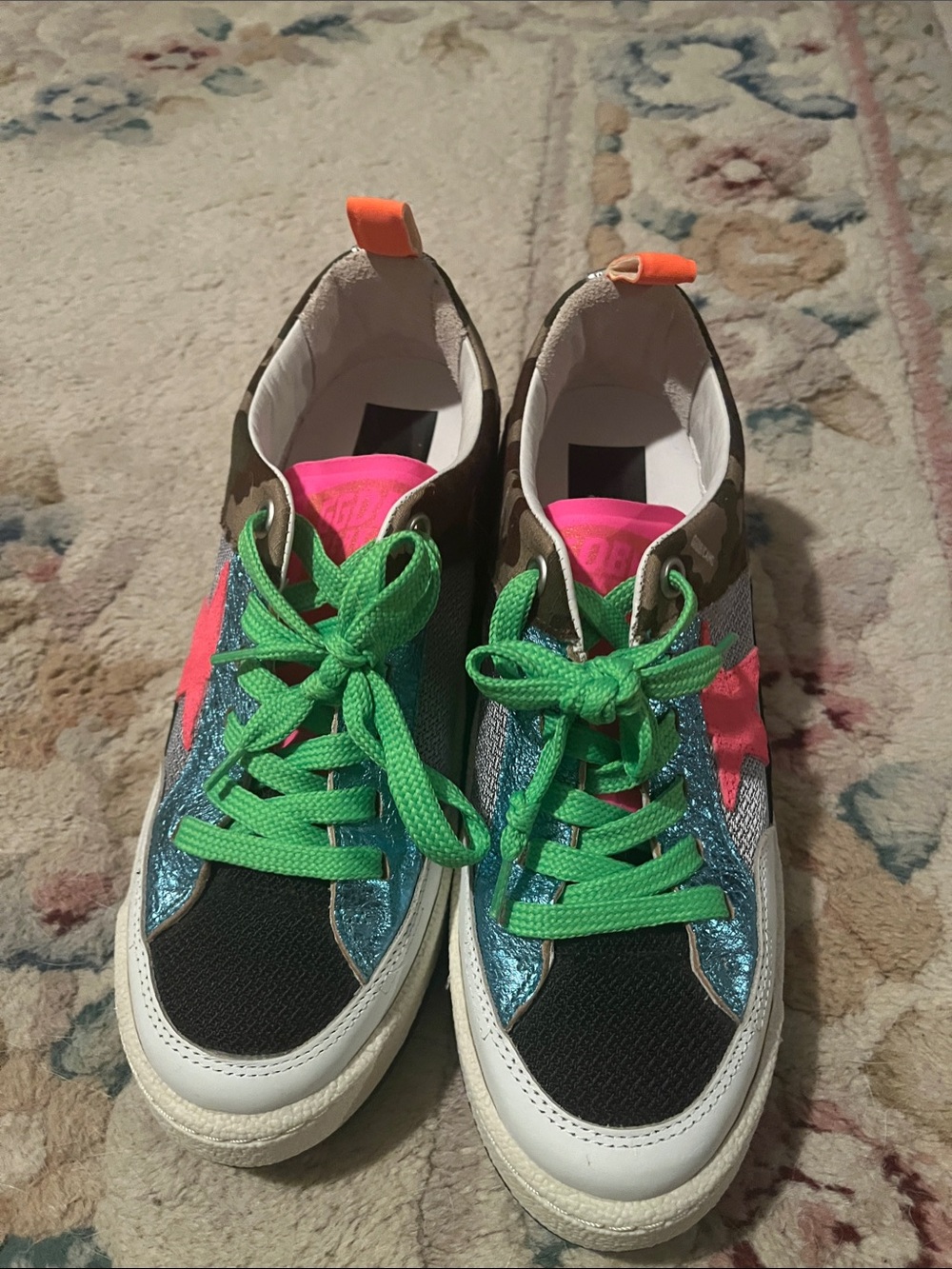Golden Goose Multicolor Sneakers with Green Laces and Pink Accents